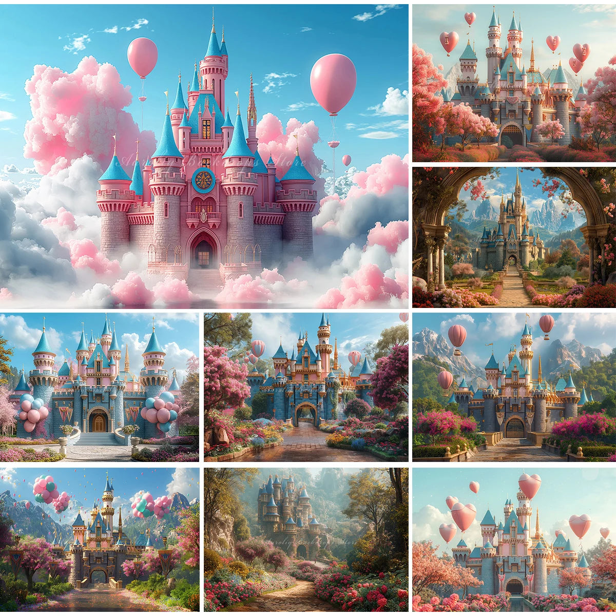 Magical Castle Photography Backdrop Hot Air Balloon Kids Baby Cake Smash Photocall Decors Child Adult Birthday Party Backgrounds