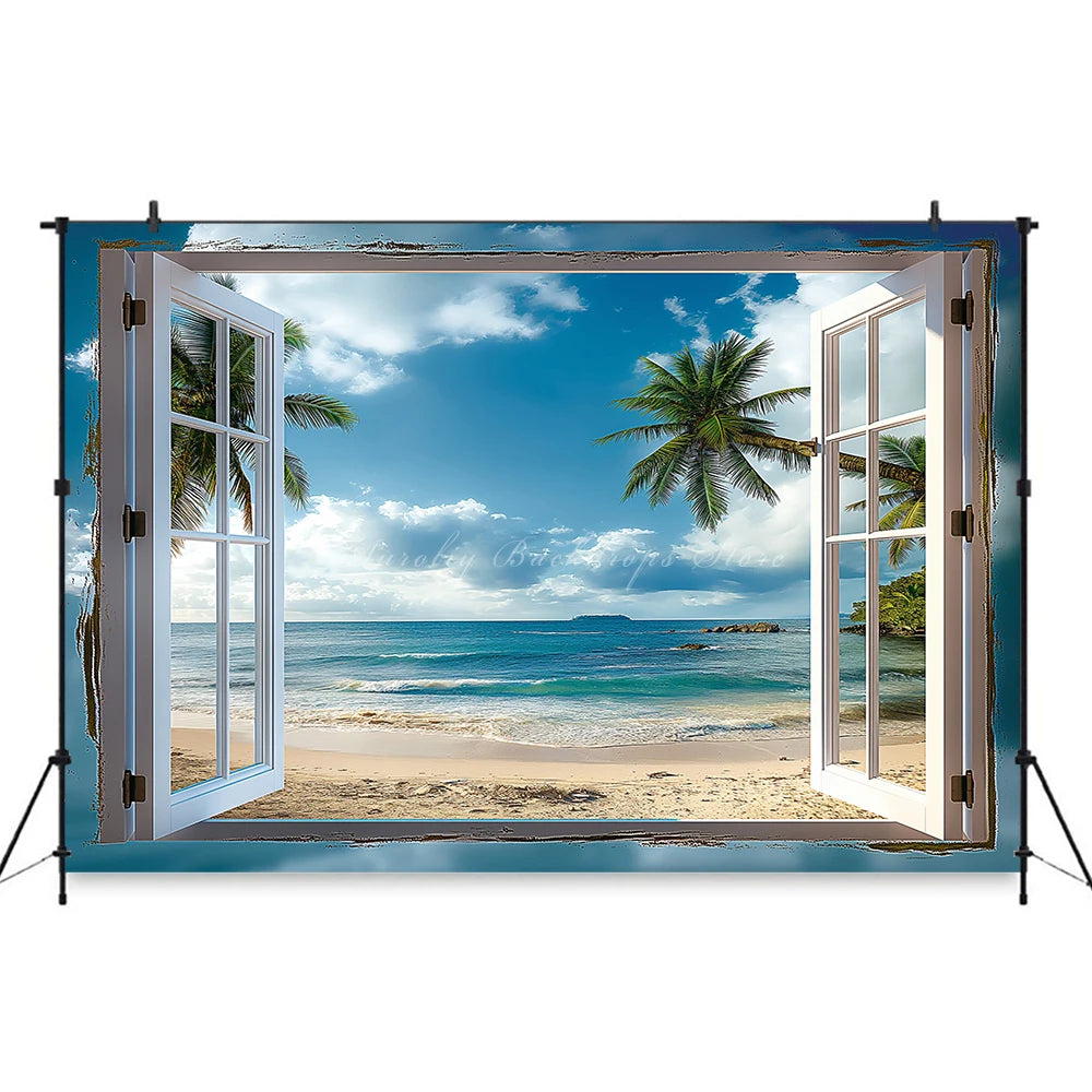 Summer Seaside Plam Trees Backdrop Kids Baby Cake Smash Photography Props Beach Outside Window Child Adult Photo Backgrounds
