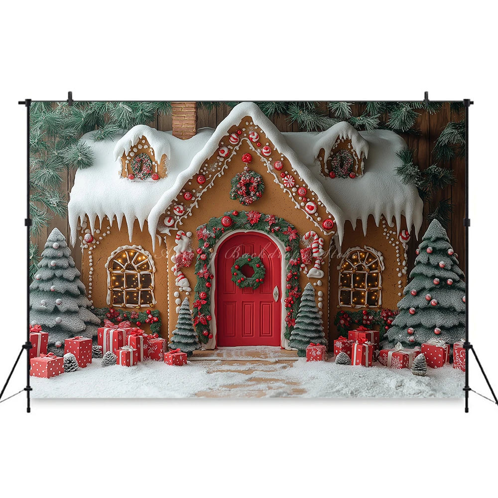 Gingerbread House Christmas Backdrop Red And White Striped Gift Shop Kids Baby Cake Smash Photocall Backgrounds