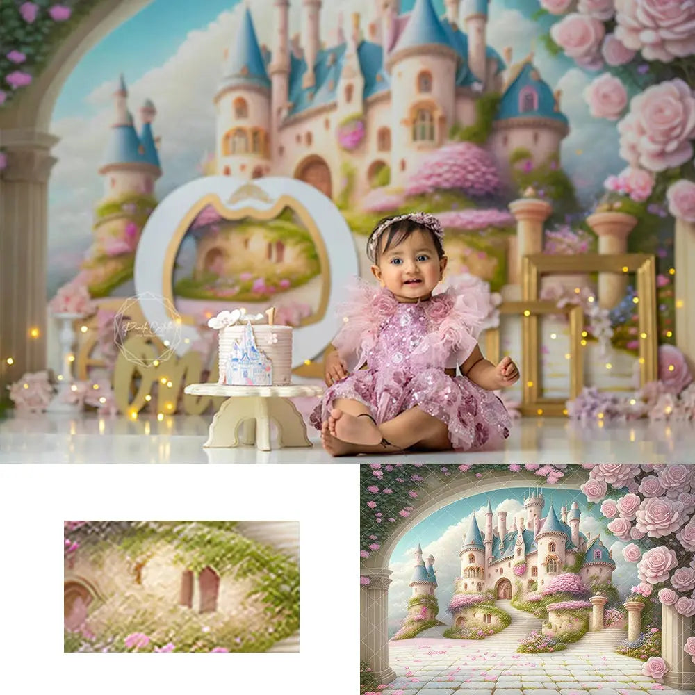 Beautiful Castle View Backdrop Kids Baby Cake Smash Photography Props Pink Floral Child Girls Adult Birthday Backgrounds
