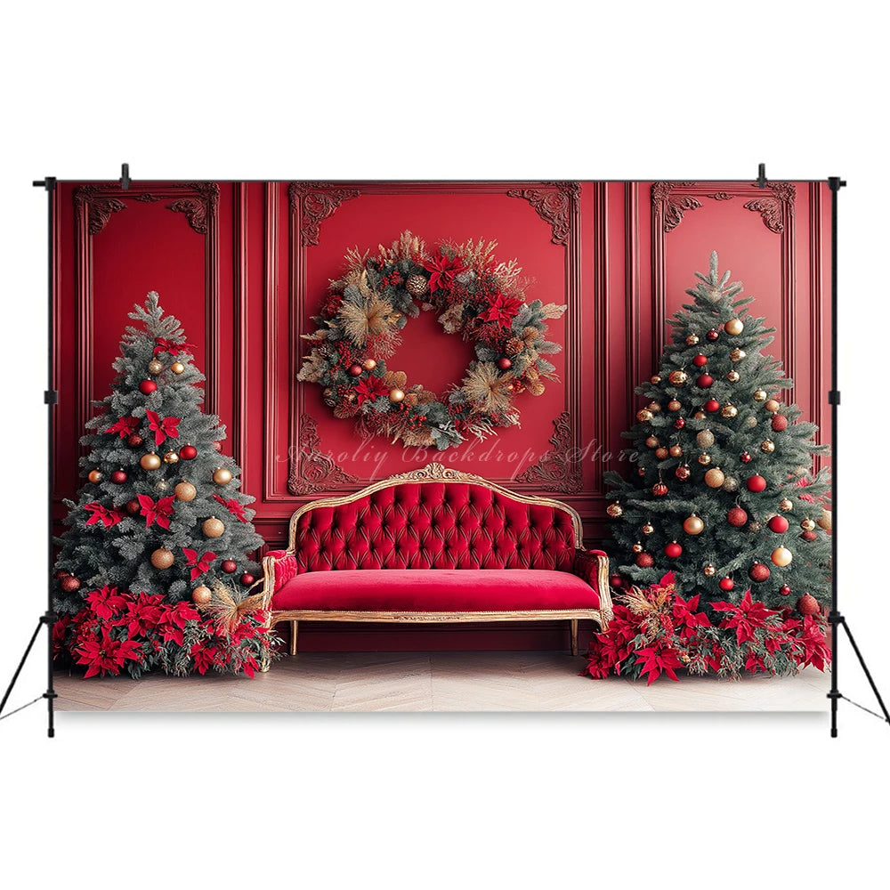 Christmas Tree with Red and Gold Headboard Photography Backdrop Baby Kids Portrait Family Party Photocall Studio Background