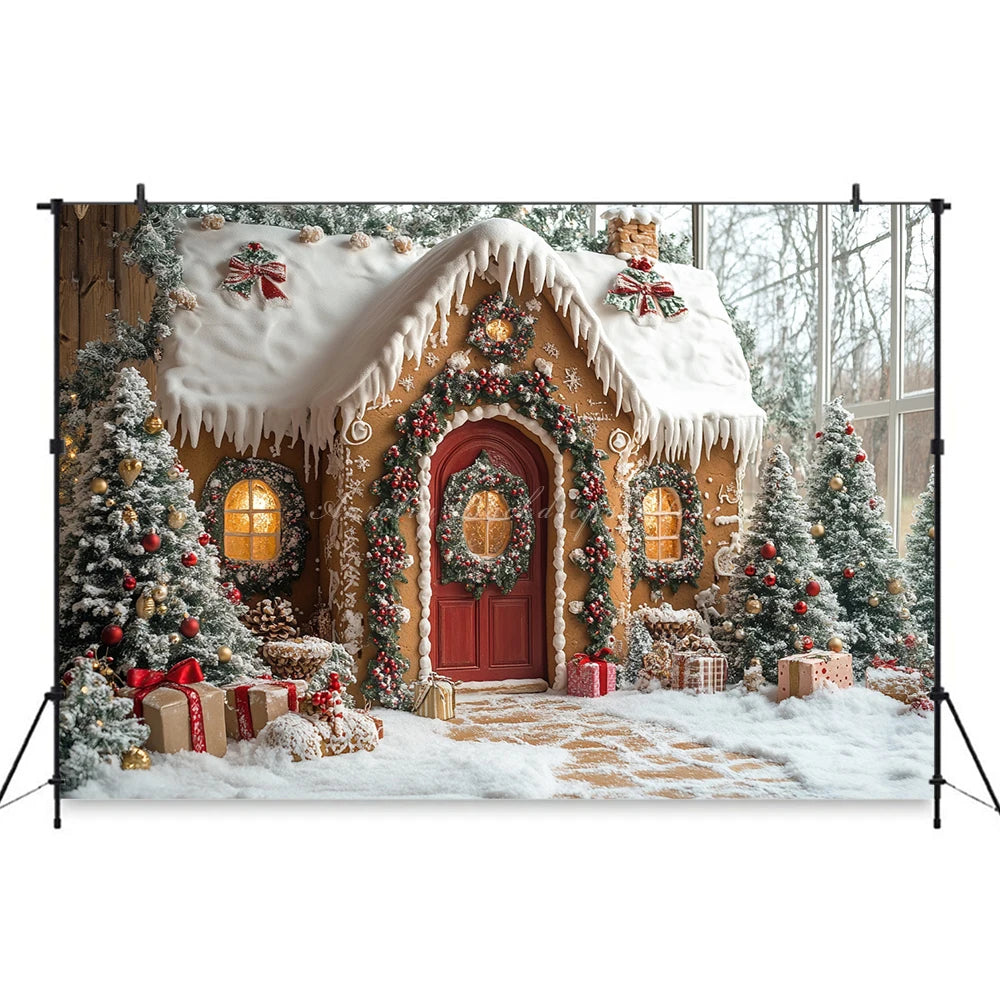 Gingerbread House Christmas Backdrop Red And White Striped Gift Shop Kids Baby Cake Smash Photocall Backgrounds