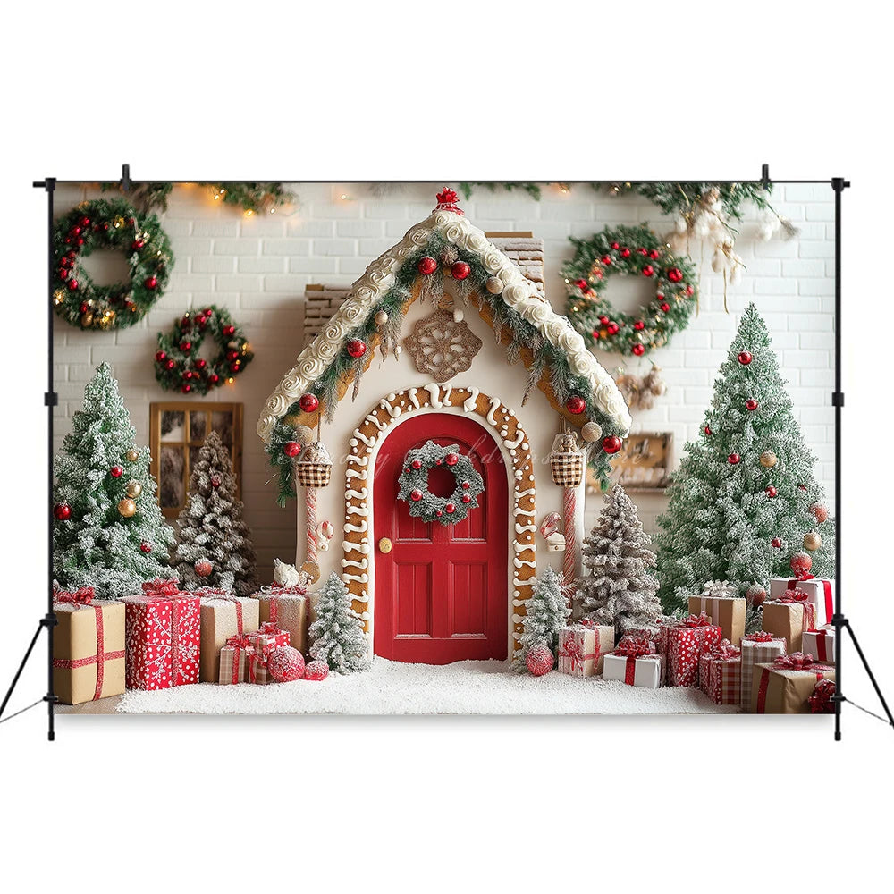 Gingerbread House Christmas Backdrop Red And White Striped Gift Shop Kids Baby Cake Smash Photocall Backgrounds