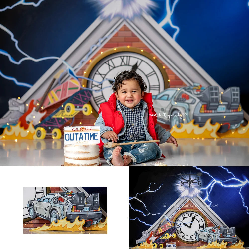 Back to the Future Backdrops Kids Baby Birthday Cake Smash Props Child Photocall Backgrounds