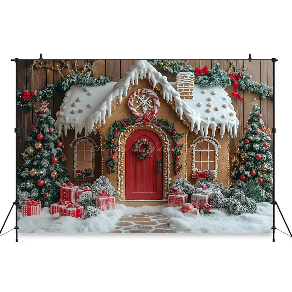 Gingerbread House Christmas Backdrop Red And White Striped Gift Shop Kids Baby Cake Smash Photocall Backgrounds