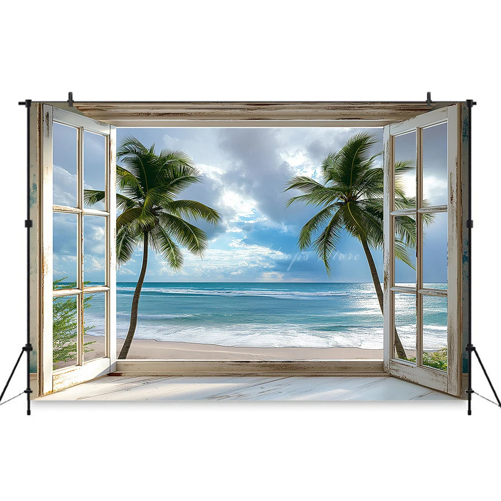 Summer Seaside Plam Trees Backdrop Kids Baby Cake Smash Photography Props Beach Outside Window Child Adult Photo Backgrounds