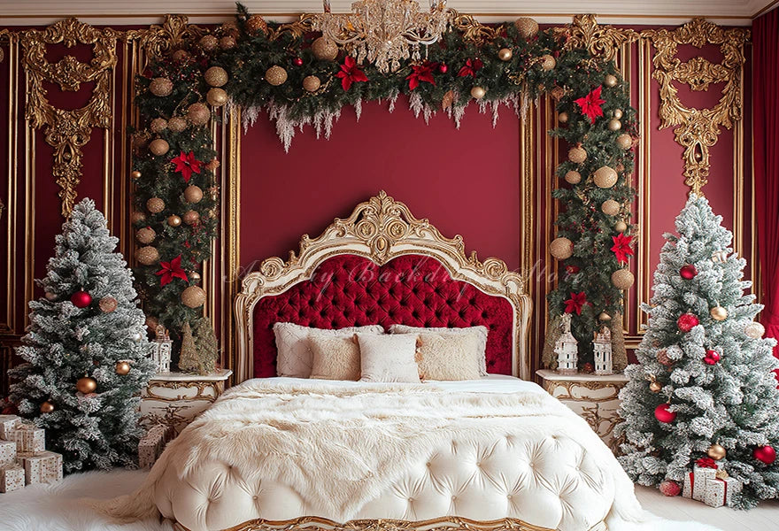 Christmas Tree with Red and Gold Headboard Photography Backdrop Baby Kids Portrait Family Party Photocall Studio Background