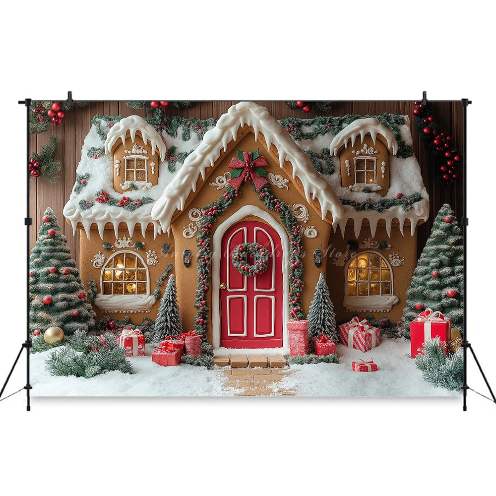 Gingerbread House Christmas Backdrop Red And White Striped Gift Shop Kids Baby Cake Smash Photocall Backgrounds