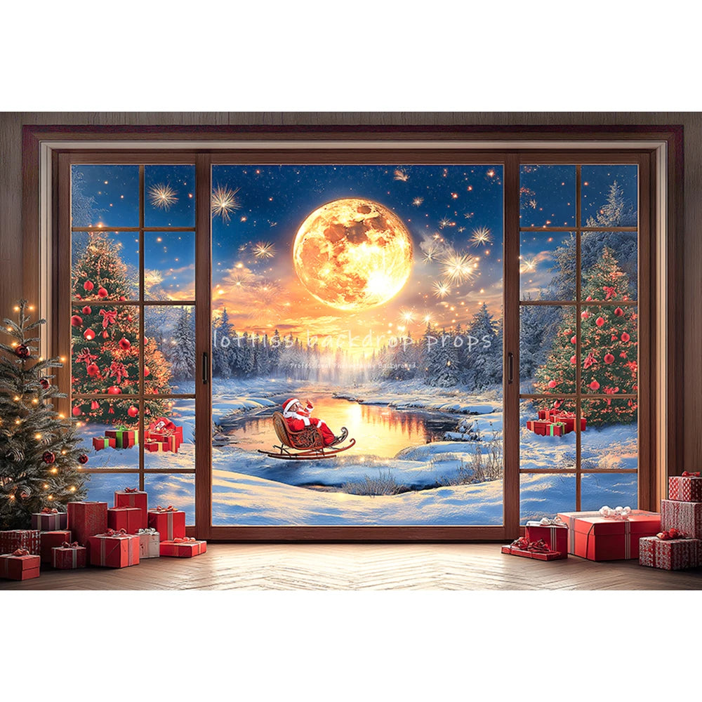 Christmas Windows Fairy Tale Santa Claus Backdrops Kids Adult Photography Child Family Xmas Trees Big Moon Snowy Backgrounds