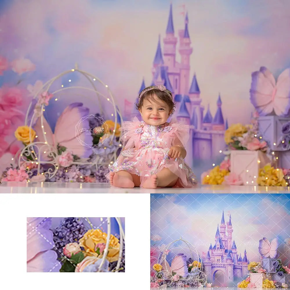 Purple Princess Castle Backdrop Kids Baby Cake Smash Photography Props Floral Girls Adult Birthday Studio Backgrounds