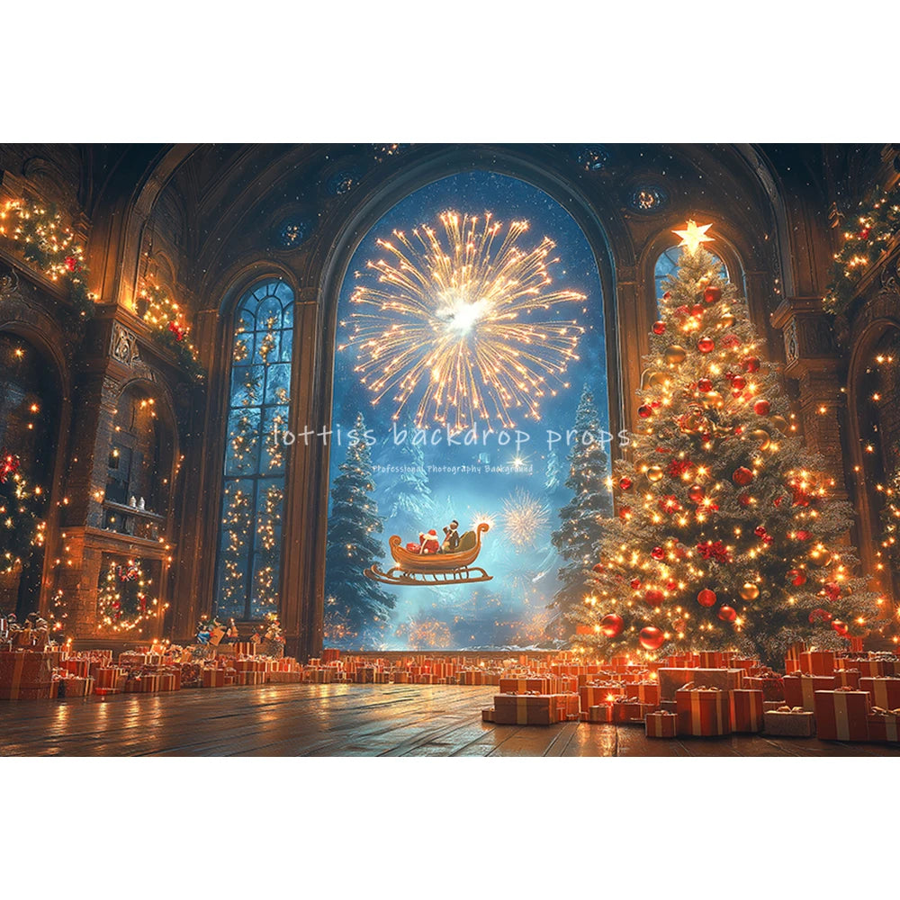 Christmas Windows Fairy Tale Santa Claus Backdrops Kids Adult Photography Child Family Xmas Trees Big Moon Snowy Backgrounds