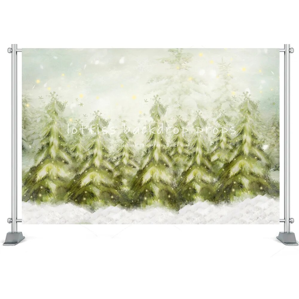 Winter Snow Forest Backdrops Series-Two Mountains Pine Snowflake Reindeer Photography Backgrounds Kids Adult Portrait Props