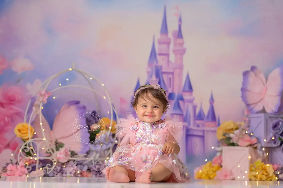 Purple Princess Castle Backdrop Kids Baby Cake Smash Photography Props Floral Girls Adult Birthday Studio Backgrounds