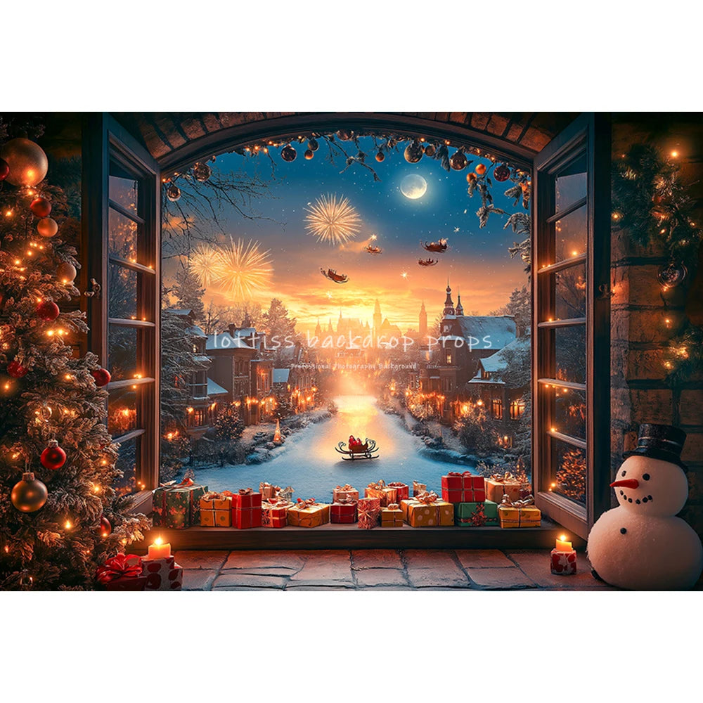 Christmas Windows Fairy Tale Santa Claus Backdrops Kids Adult Photography Child Family Xmas Trees Big Moon Snowy Backgrounds