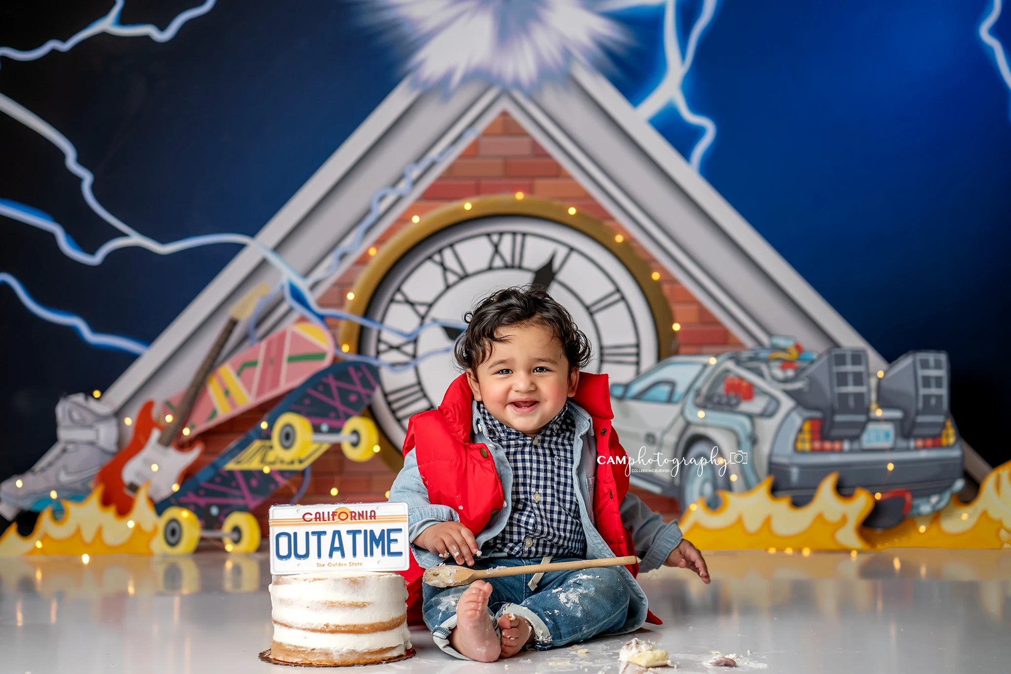 Back to the Future Backdrops Kids Baby Birthday Cake Smash Props Child Photocall Backgrounds