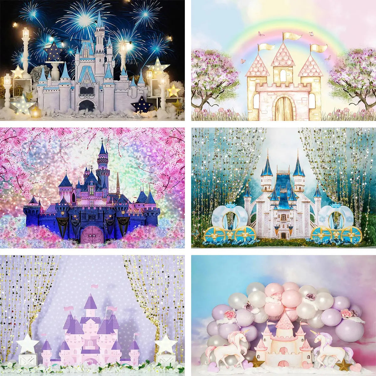 Castle Fireworks Backdrop Kids Baby Cake Smash Photography Props Rainbow Child Girls Adult Birthday Photocall Backgrounds