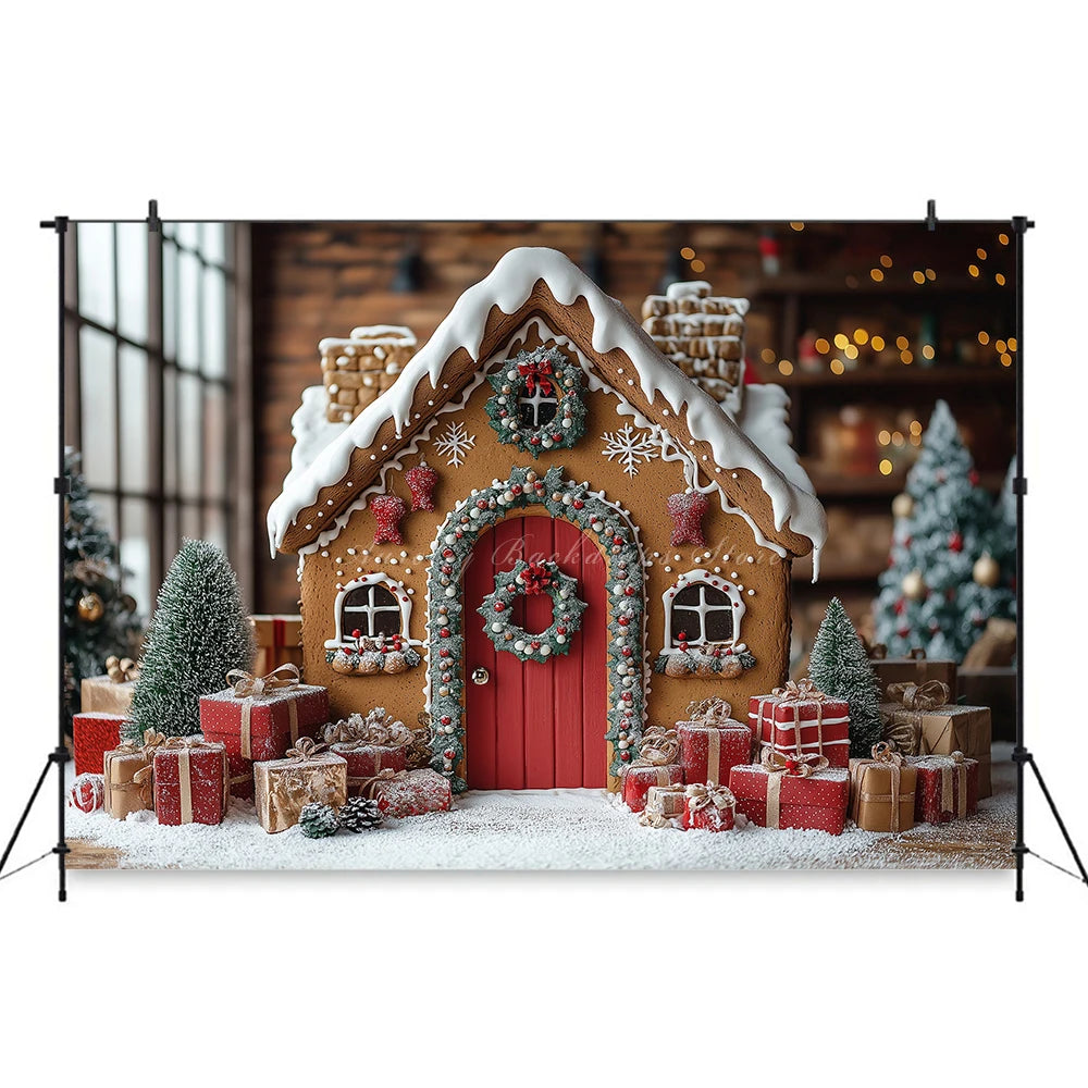 Gingerbread House Christmas Backdrop Red And White Striped Gift Shop Kids Baby Cake Smash Photocall Backgrounds