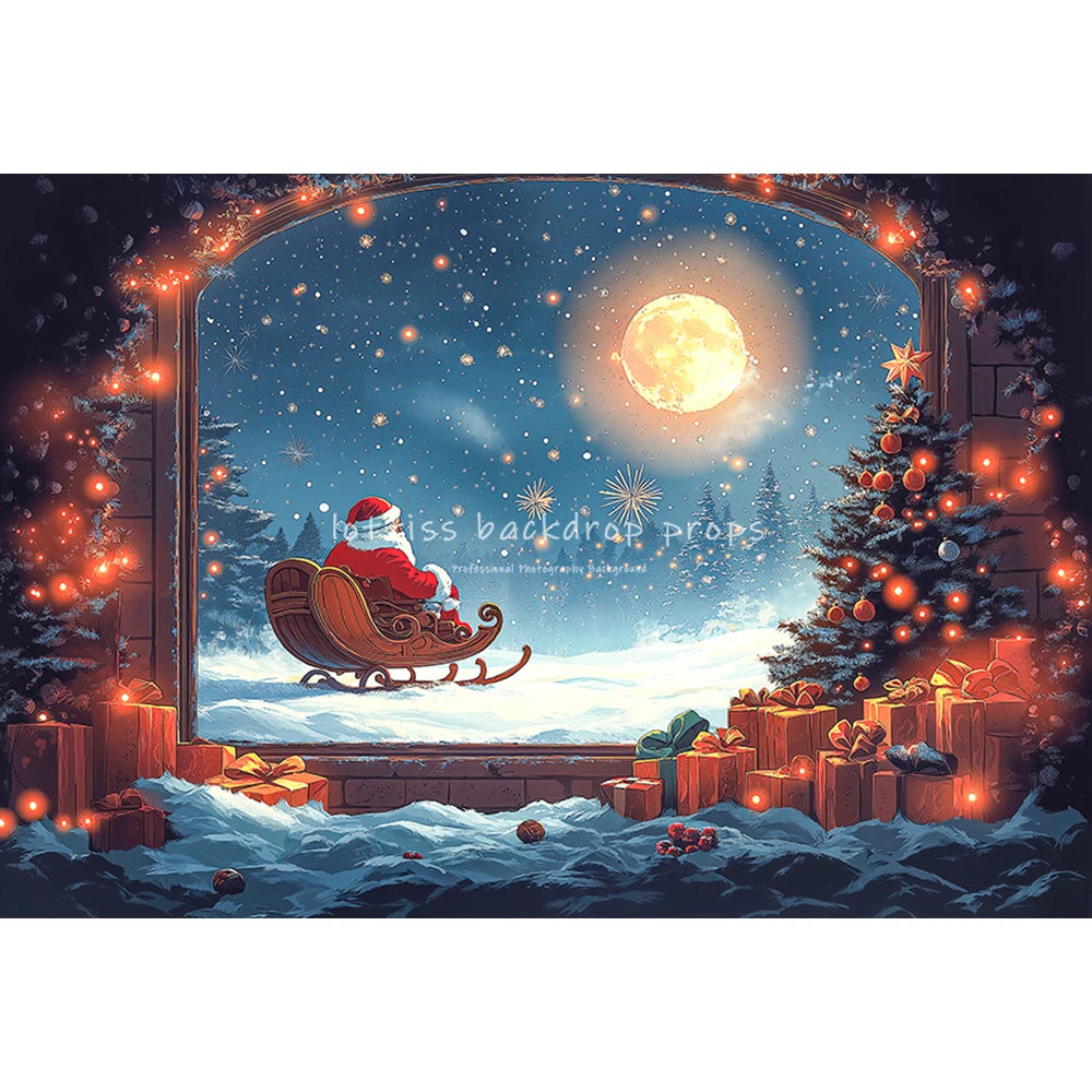 Christmas Windows Fairy Tale Santa Claus Backdrops Kids Adult Photography Child Family Xmas Trees Big Moon Snowy Backgrounds