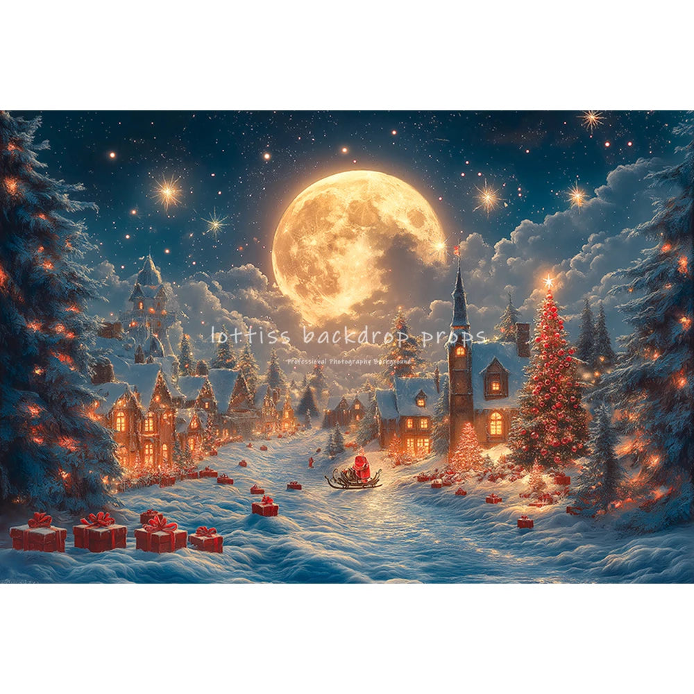 Christmas Windows Fairy Tale Santa Claus Backdrops Kids Adult Photography Child Family Xmas Trees Big Moon Snowy Backgrounds