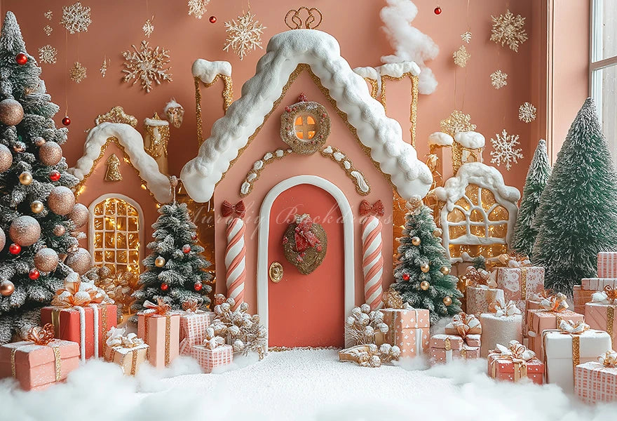 Gingerbread House Christmas Backdrop Red And White Striped Gift Shop Kids Baby Cake Smash Photocall Backgrounds