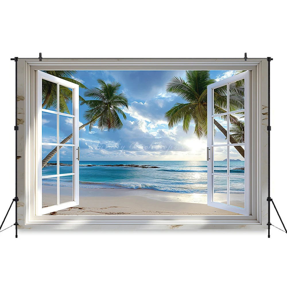 Summer Seaside Plam Trees Backdrop Kids Baby Cake Smash Photography Props Beach Outside Window Child Adult Photo Backgrounds