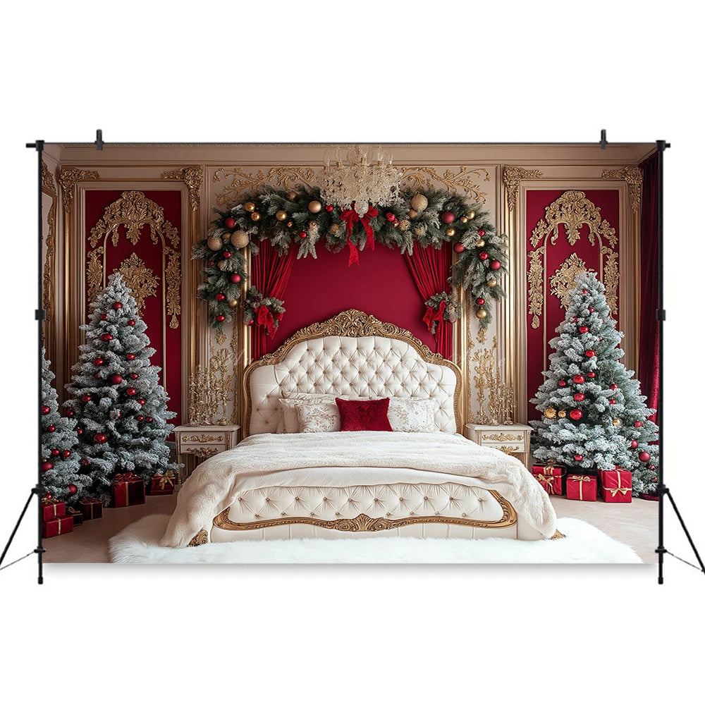 Christmas Tree with Red and Gold Headboard Photography Backdrop Baby Kids Portrait Family Party Photocall Studio Background