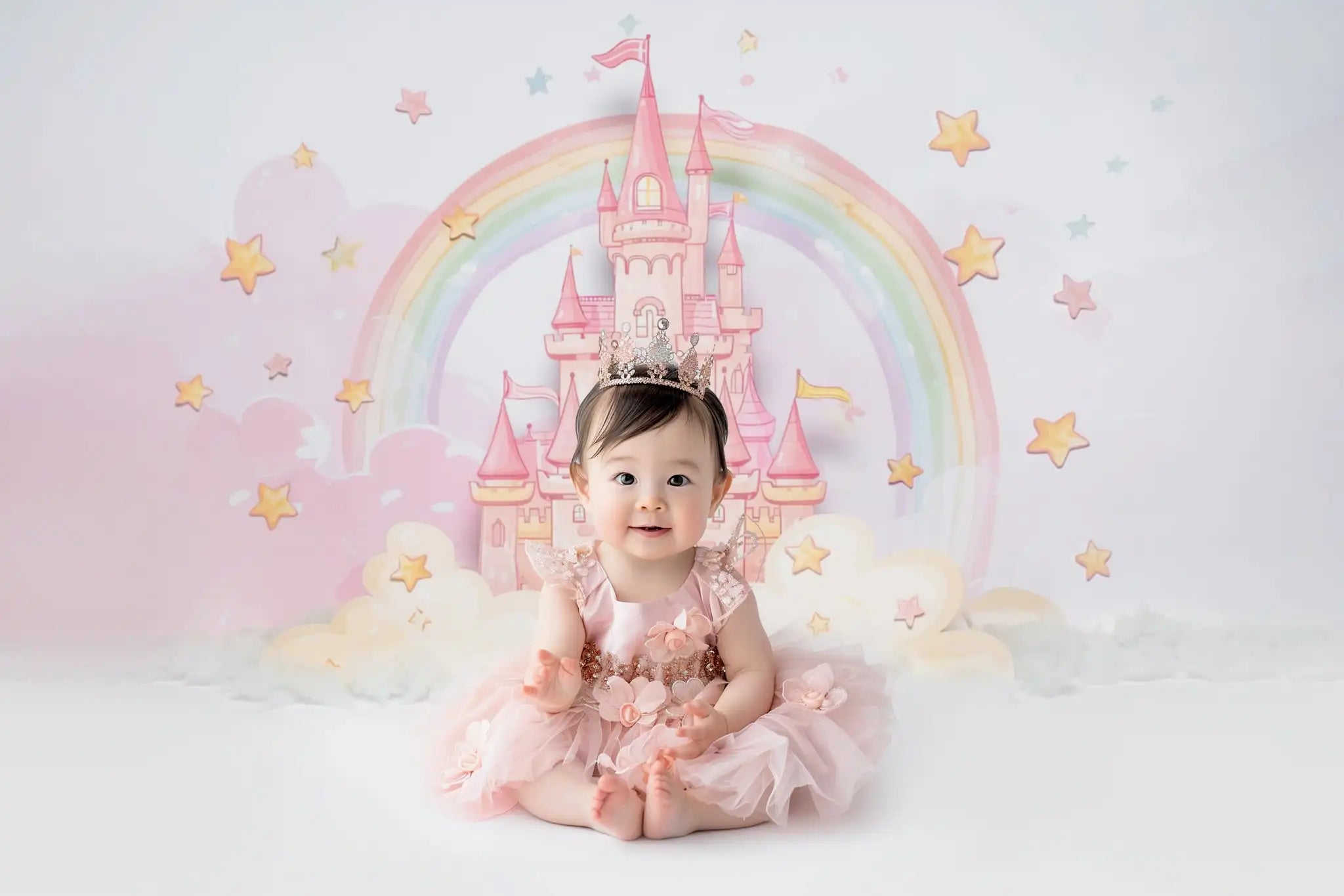 Pink Castle In The Clouds Backdrop Rainbow Kids Baby Cake Smash Photography Props Birthday Party Decor Child Studio Backgrounds