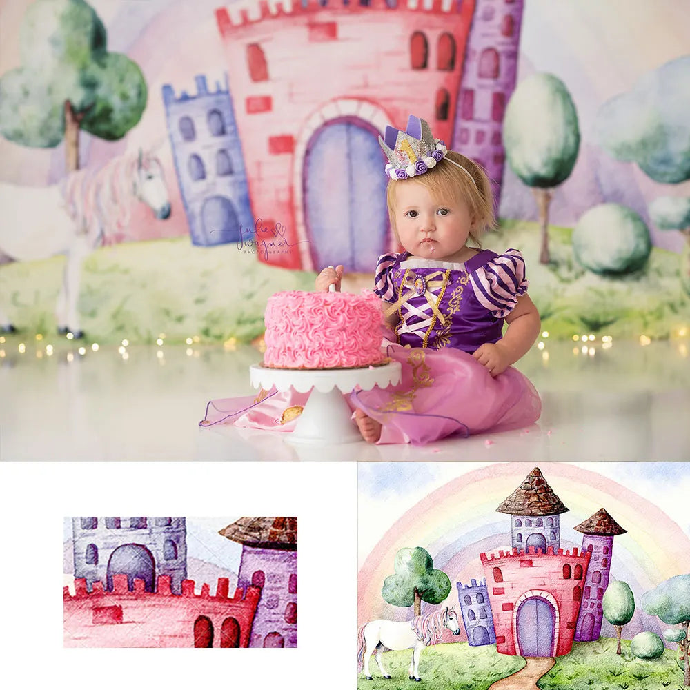 Rainbow Castle Kids Cake Smash Photography Background Child Birthday Photocall Decors Spring Plants White Horse Cartoon Backdrop