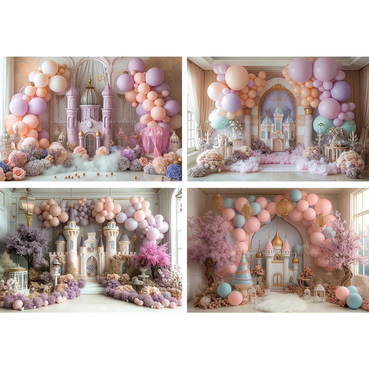 Cute Castle Balloons and Floral Backdrop Kids Baby Cake Smash Photography Props Child Girls Adult Birthday Studio Backgrounds