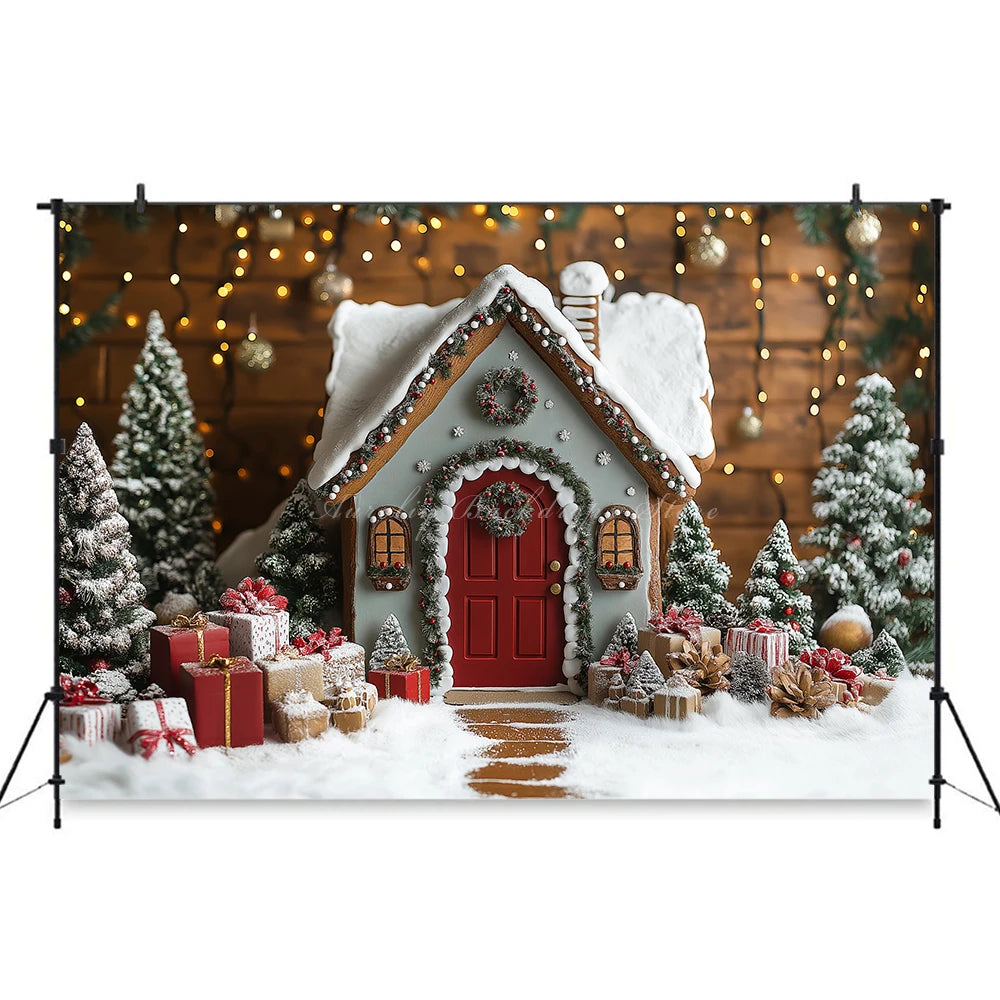 Gingerbread House Christmas Backdrop Red And White Striped Gift Shop Kids Baby Cake Smash Photocall Backgrounds