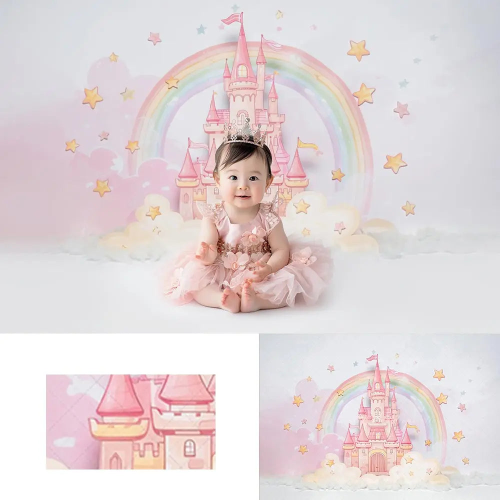 Pink Castle In The Clouds Backdrop Rainbow Kids Baby Cake Smash Photography Props Birthday Party Decor Child Studio Backgrounds