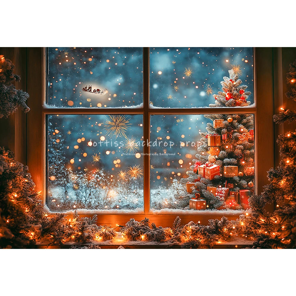Christmas Windows Fairy Tale Santa Claus Backdrops Kids Adult Photography Child Family Xmas Trees Big Moon Snowy Backgrounds