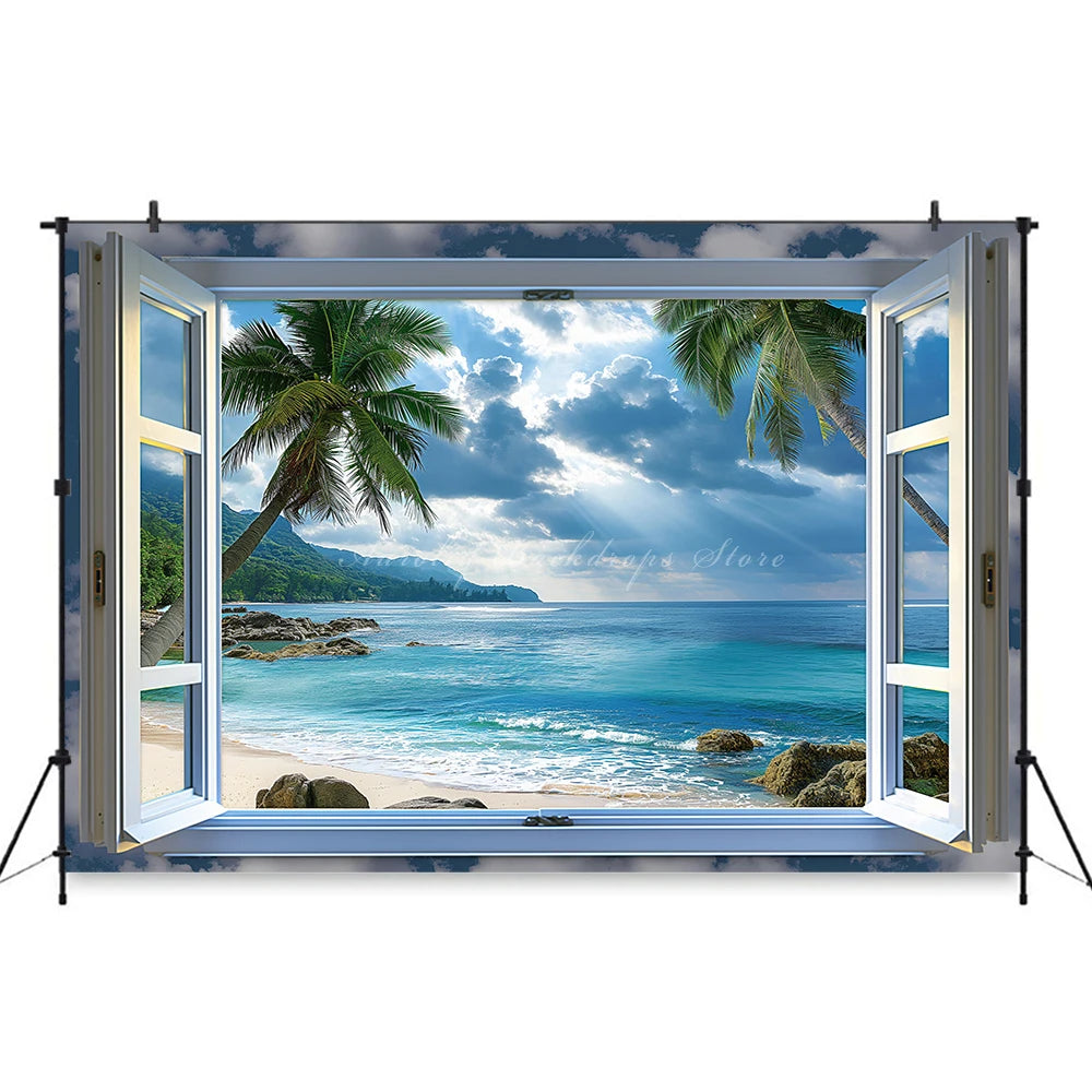 Summer Seaside Plam Trees Backdrop Kids Baby Cake Smash Photography Props Beach Outside Window Child Adult Photo Backgrounds