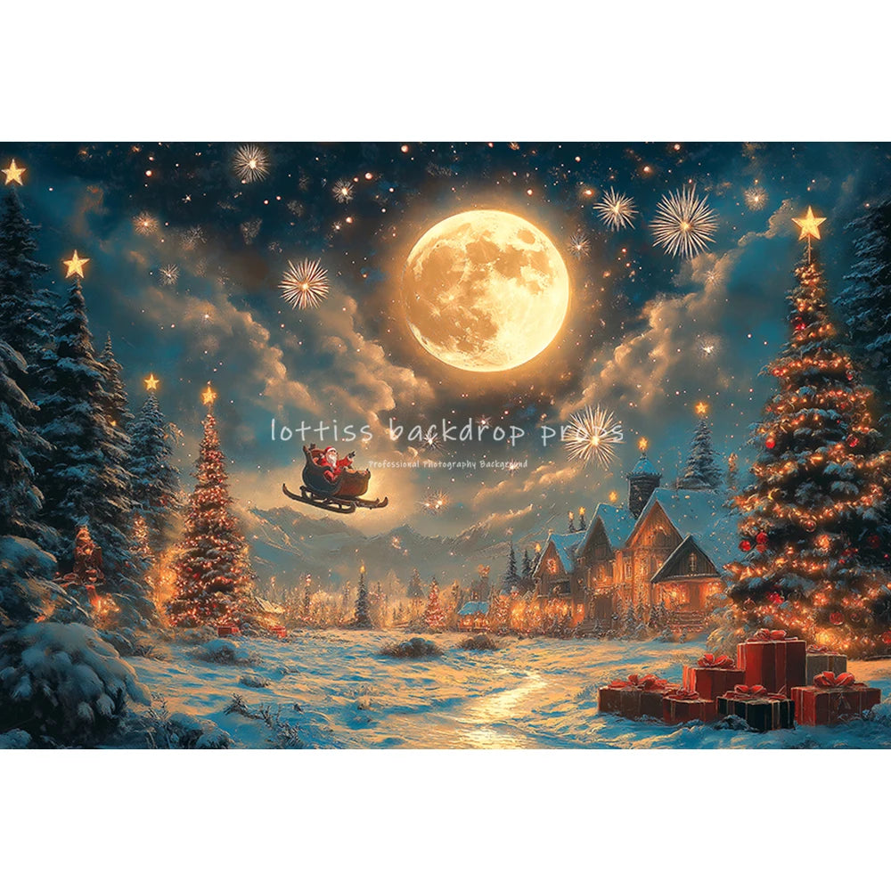 Christmas Windows Fairy Tale Santa Claus Backdrops Kids Adult Photography Child Family Xmas Trees Big Moon Snowy Backgrounds