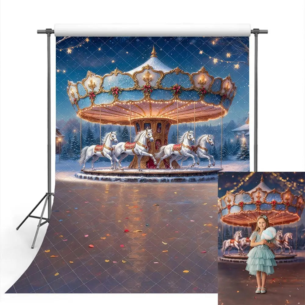 Enchanted Holiday Carousel Backdrop Winter Night Baby Kids Portrait Family Party Photocall Photograhy Background