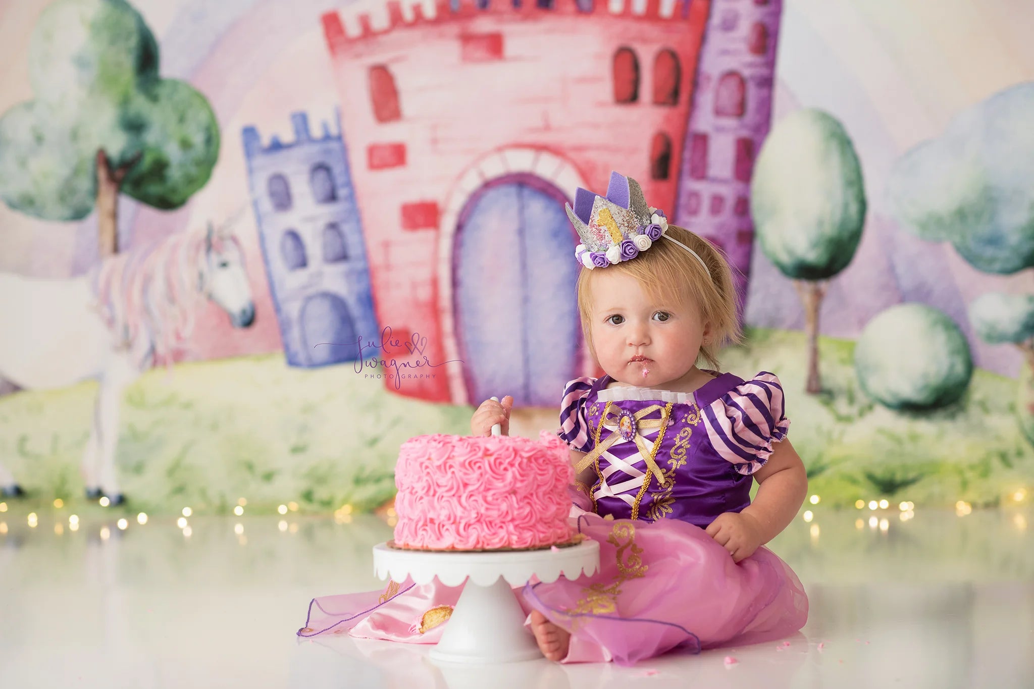 Rainbow Castle Kids Cake Smash Photography Background Child Birthday Photocall Decors Spring Plants White Horse Cartoon Backdrop
