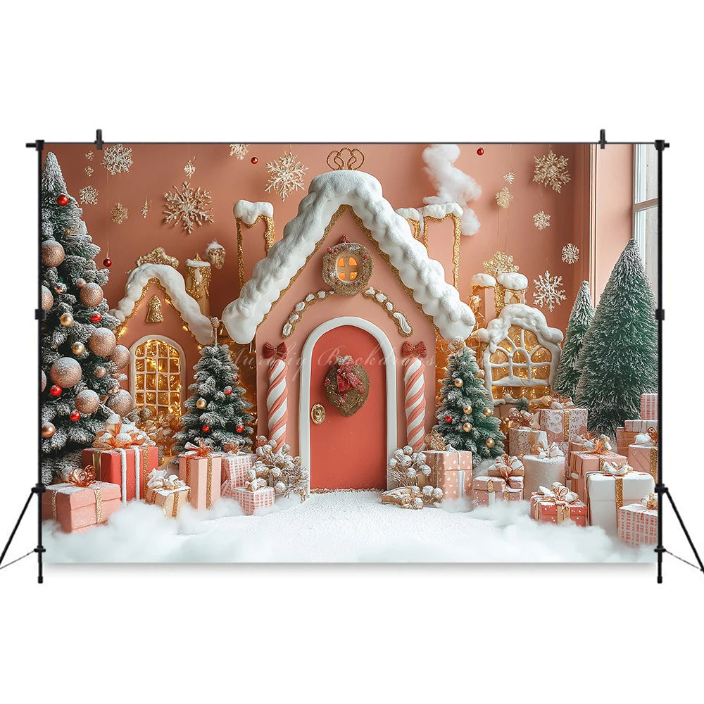 Gingerbread House Christmas Backdrop Red And White Striped Gift Shop Kids Baby Cake Smash Photocall Backgrounds