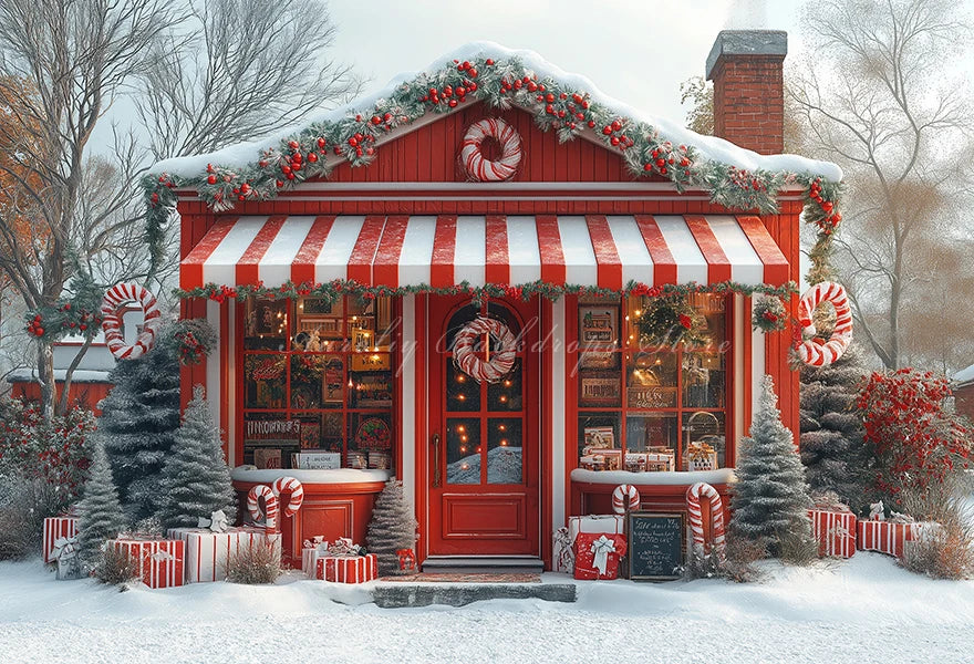 Gingerbread House Christmas Backdrop Red And White Striped Gift Shop Kids Baby Cake Smash Photocall Backgrounds