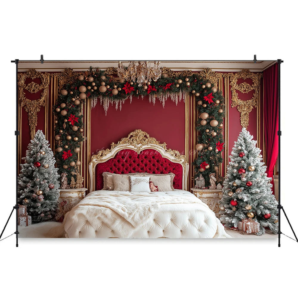 Christmas Tree with Red and Gold Headboard Photography Backdrop Baby Kids Portrait Family Party Photocall Studio Background