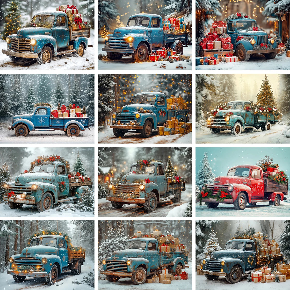 Backdrop With A Blue Vintage Truck and Gifts Winter Snowy Kids Baby Cake Smash Photography Props Girls Adult Birthday Background