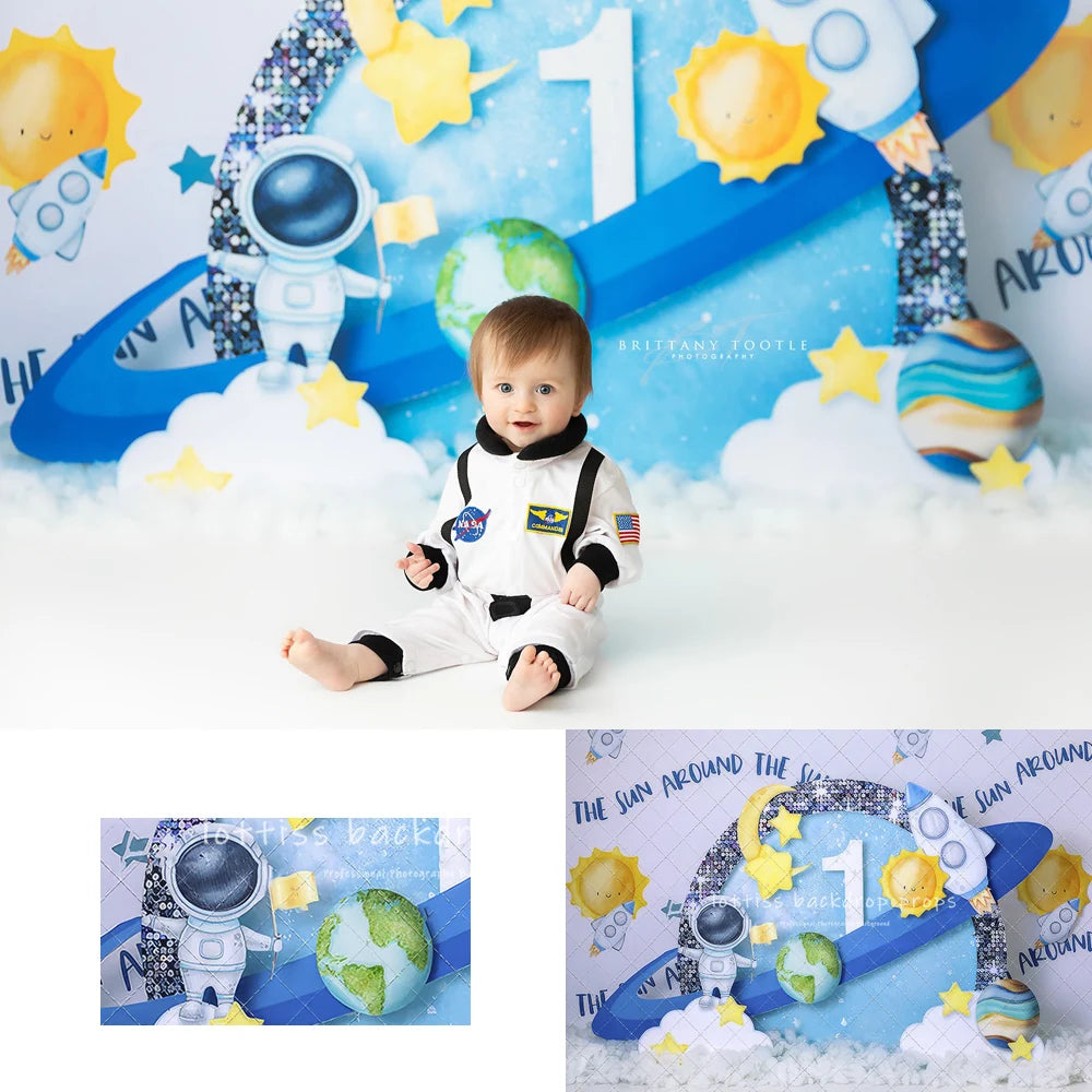 Astronaut Journey Around The Sun Backdrops Kids Baby Birthday Cake Smash Photography Child Photocall Backgrounds