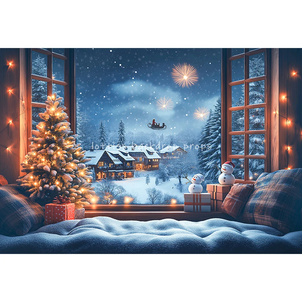 Christmas Windows Fairy Tale Santa Claus Backdrops Kids Adult Photography Child Family Xmas Trees Big Moon Snowy Backgrounds