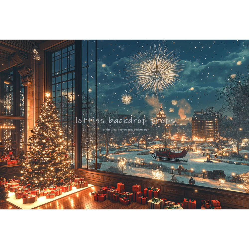 Christmas Windows Fairy Tale Santa Claus Backdrops Kids Adult Photography Child Family Xmas Trees Big Moon Snowy Backgrounds