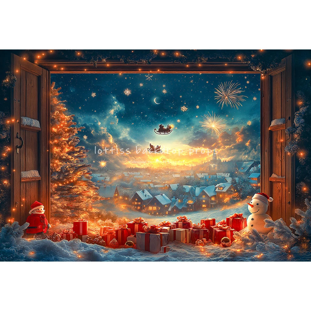 Christmas Windows Fairy Tale Santa Claus Backdrops Kids Adult Photography Child Family Xmas Trees Big Moon Snowy Backgrounds