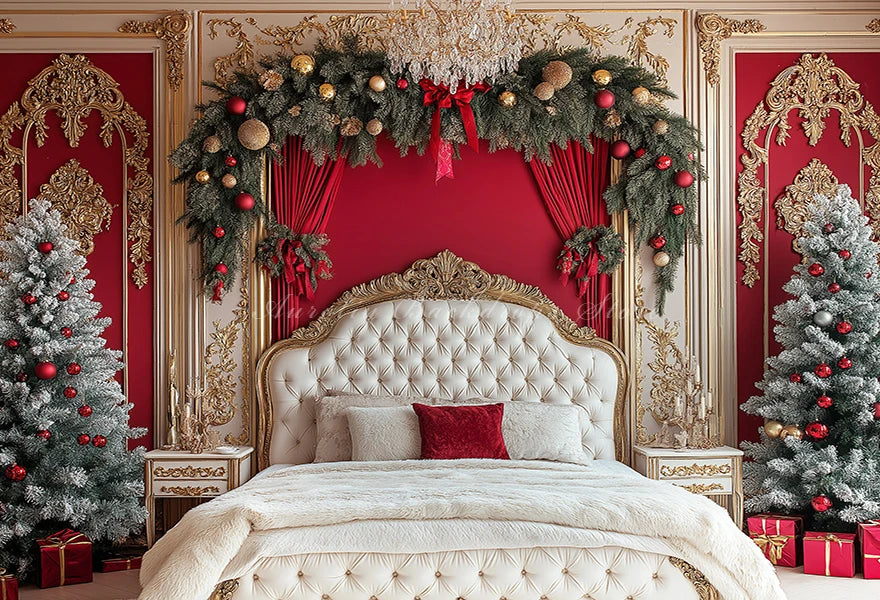 Christmas Tree with Red and Gold Headboard Photography Backdrop Baby Kids Portrait Family Party Photocall Studio Background