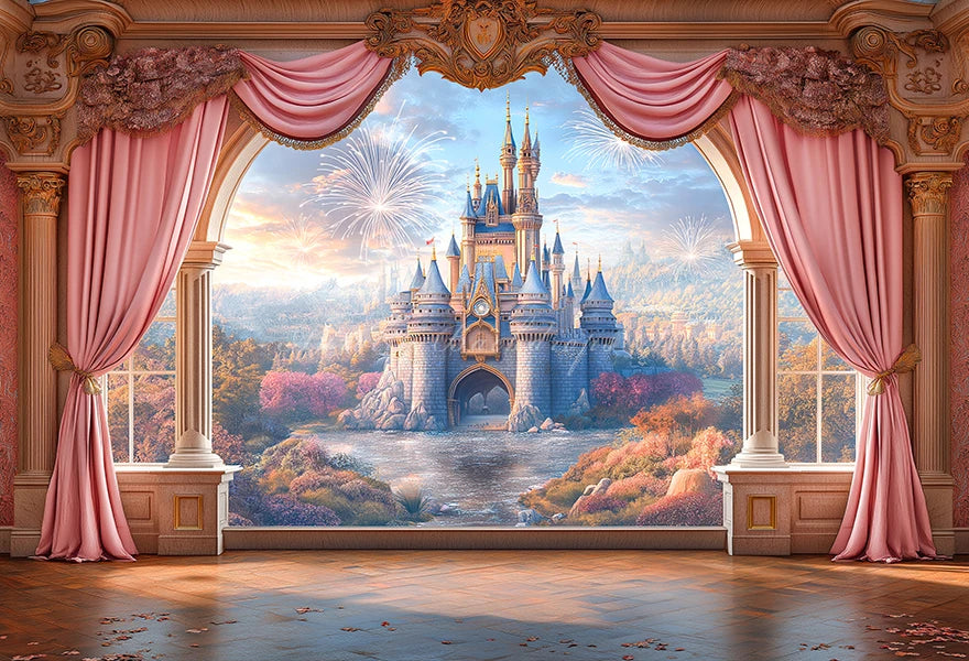 Pink Curtains with the Scene Backdrop Cartoon Princess Castle Child Girls Birthday Photo Shoot Backgrounds Kids Baby Cake Smash