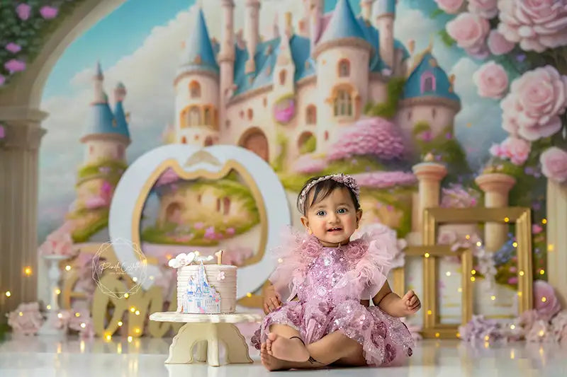 Beautiful Castle View Backdrop Kids Baby Cake Smash Photography Props Pink Floral Child Girls Adult Birthday Backgrounds