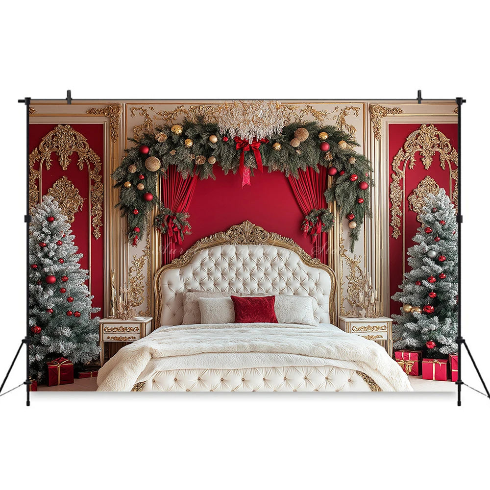 Christmas Tree with Red and Gold Headboard Photography Backdrop Baby Kids Portrait Family Party Photocall Studio Background