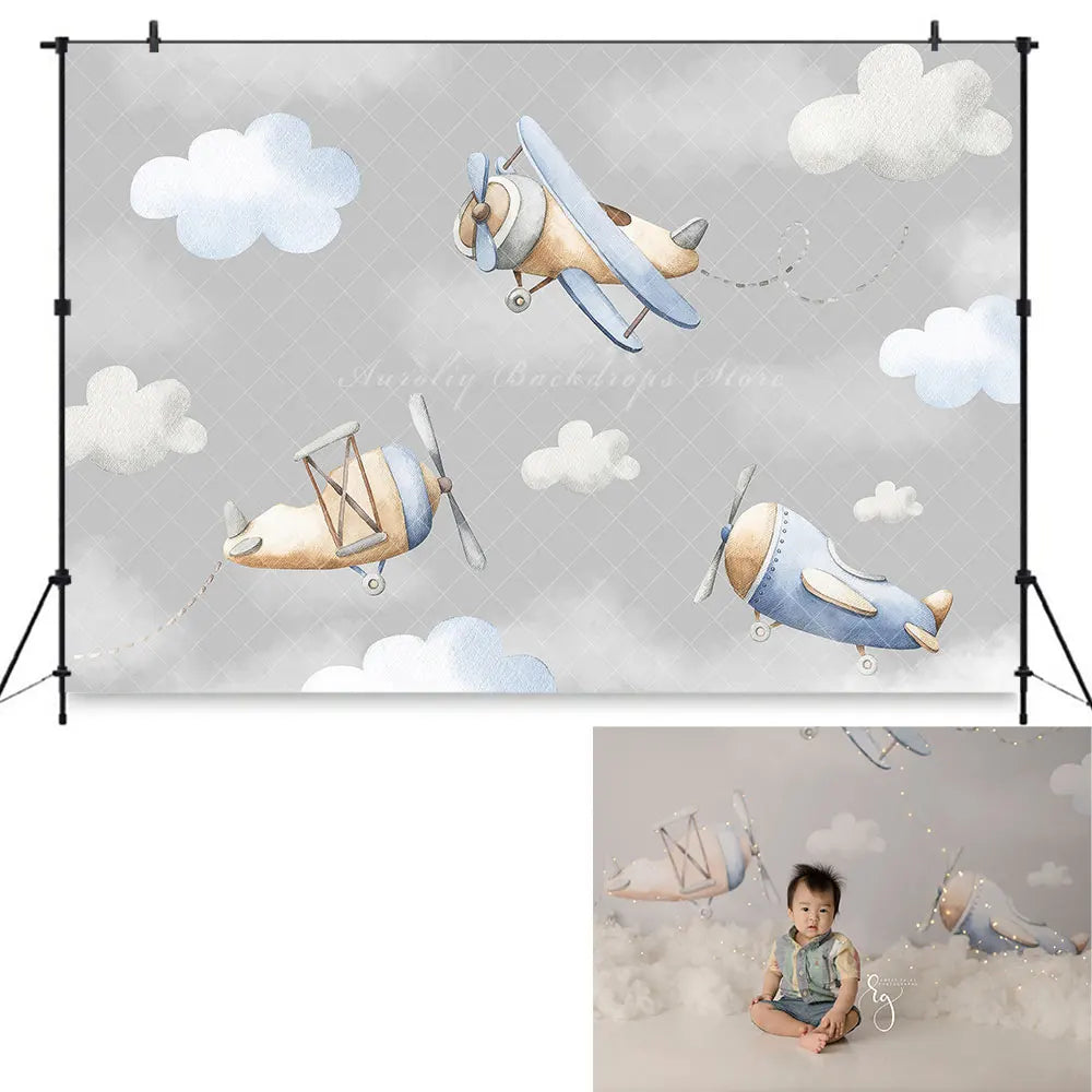 Vintage Airplanes Backdrop Kids Baby 1st Birthday Photocall Decors White Clouds Child Adult Studio Photography Backgrounds